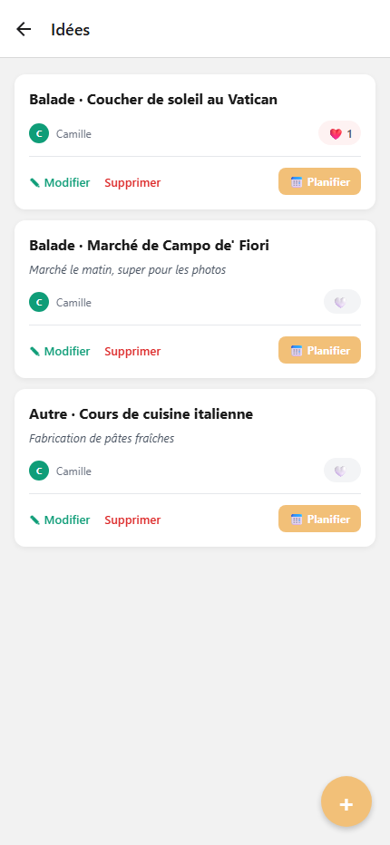 Écran des idées d'activité de l'application All Travel